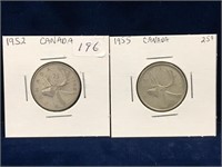 1952 & 1955 Canadian Silver 25 Cent Pieces