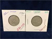 1955 & 1957 Canadian Silver 25 Cent Pieces