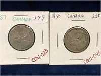 1957 & 1958 Canadian Silver 25 Cent Pieces