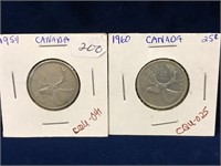 1959 & 1960 Canadian Silver 25 Cent Pieces