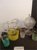 MID-CENTURY GLASS PITCHER CANDY DISH, AND GLASSES