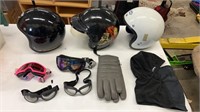 3 Helmets, Goggles, Gloves Misc.