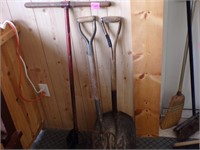 Post hole digger, shovel, and potato fork