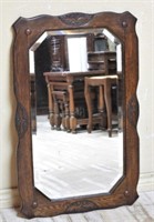Carved Oak Framed Beveled Wall Mirror.