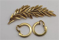 Crown Trifari leaf brooch clip hoop earrings