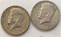 (2) 1968D  Kennedy Half Dollars Silver