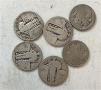 (4) Standing Quarters (2) Buffalo Nickels