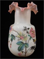 White Glass Vase Pink Ruffled Edge Hand Painted