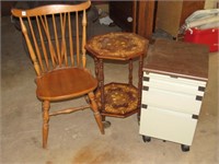 VINTAGE WOOD CHAIR, END TABLE, FILE CABINET