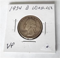 1934-D Washington 25 Cent Coin  VF