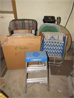 FOLDING CHAIRS, ROUND TABLE, STEP LADDER ETC.