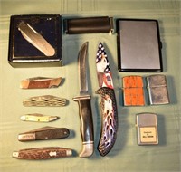 Men's accessories: 8 knives, 3 lighters, cigarette