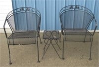 2 BLACK WROUGHT IRON MESH  CHAIRS W/1 TABLE WELL