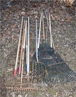 10 hand rakes and pitchfork; as is