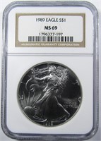 1989 AM. SILVER EAGLE, NGC MS-69
