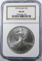 1995 AM. SILVER EAGLE, NGC MS-69