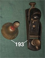 Lot: brass school bell; & a low angle Stanley bloc