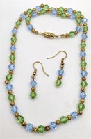 Gold tone green blue necklace hook earring set