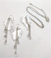 Silver tone white leaf necklace hook earrings