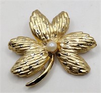 BSK gold tone faux Pearl brooch