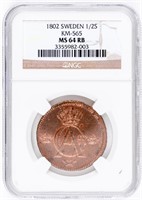 Coin 1802 Sweden 1/2 Skilling  NGC MS64RB