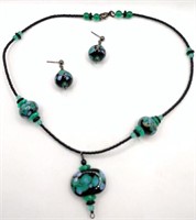Art glass bead necklace post earrings set