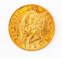 Coin 1863 Italy 20 Lire Gold Extra Fine
