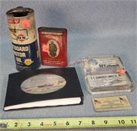 Old Adv. Paper Weights, Tins, Amish Post Cards