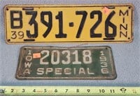 1936 Iowa & 1939 Minn. License Plates