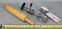 Rolling Pin Egg Beater & Can Opener