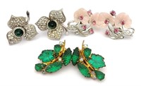 3 pair poured glass rhinestone clip earrings