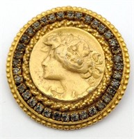 Geno gold tone rhinestone Grecian brooch