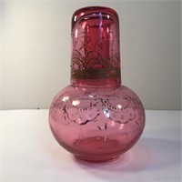 CRANBERRY DECANTER AND TUMBLER ENAMELED