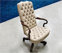 Beige Leather Tufted Chair w/ Gooseneck Arms