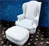 Blue Floral Upholstered Wingback Chair w / Stool