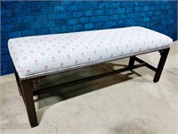 Blue Floral Upholstered Bench with Mahogany Legs