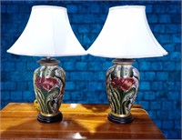 Pair of Painted Floral Ceramic Lamps with Shades
