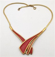 Trifari gold tone red enamel necklace 15 in