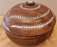 F - CARVED WOODEN BOWL W/ INLAY ON LID (A93)
