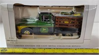 JD 1957 CHEVY STAKE TRUCK HAULING LAWN MOWER