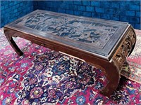 Carved Wooden Asian Glass-Topped Coffee Table