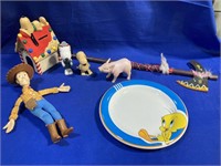 Lot of Older Toys- Tweety Plate, Woody Doll, Bank