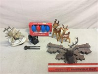 Vintage items- rubber deer, shell ship, mini