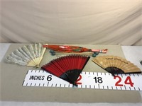Fan collection, child’s fabric parasol, wooden