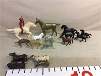 Vintage plastic horses, rubber horse and cow