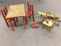 Vintage wooden doll furniture. Table and 2