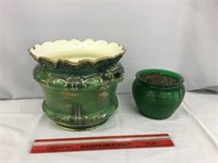 Haynes ceramic planter and green glass with wire