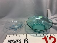 Blue glass footed bowl, aqua smooth bowl
