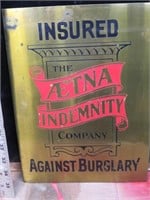 Vintage Brass Aetna Insurance Sign 12 x 9