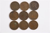 (9) Large Cents. Common Date/Circ